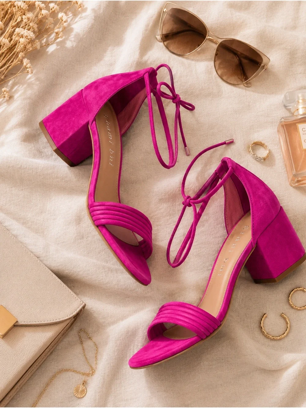 Gianni Bini Bright Fuchsia Suede Block Heel Sandals with Ankle Tie